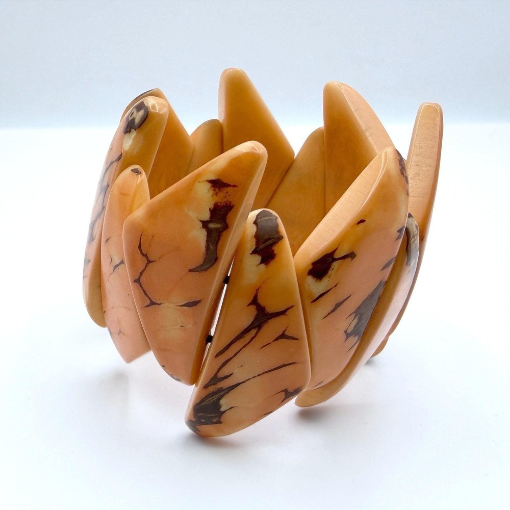 Vintage Tagua Nut Chunky Stretch Bracelet Orange Brown Panel Boho Style Y2K 90s